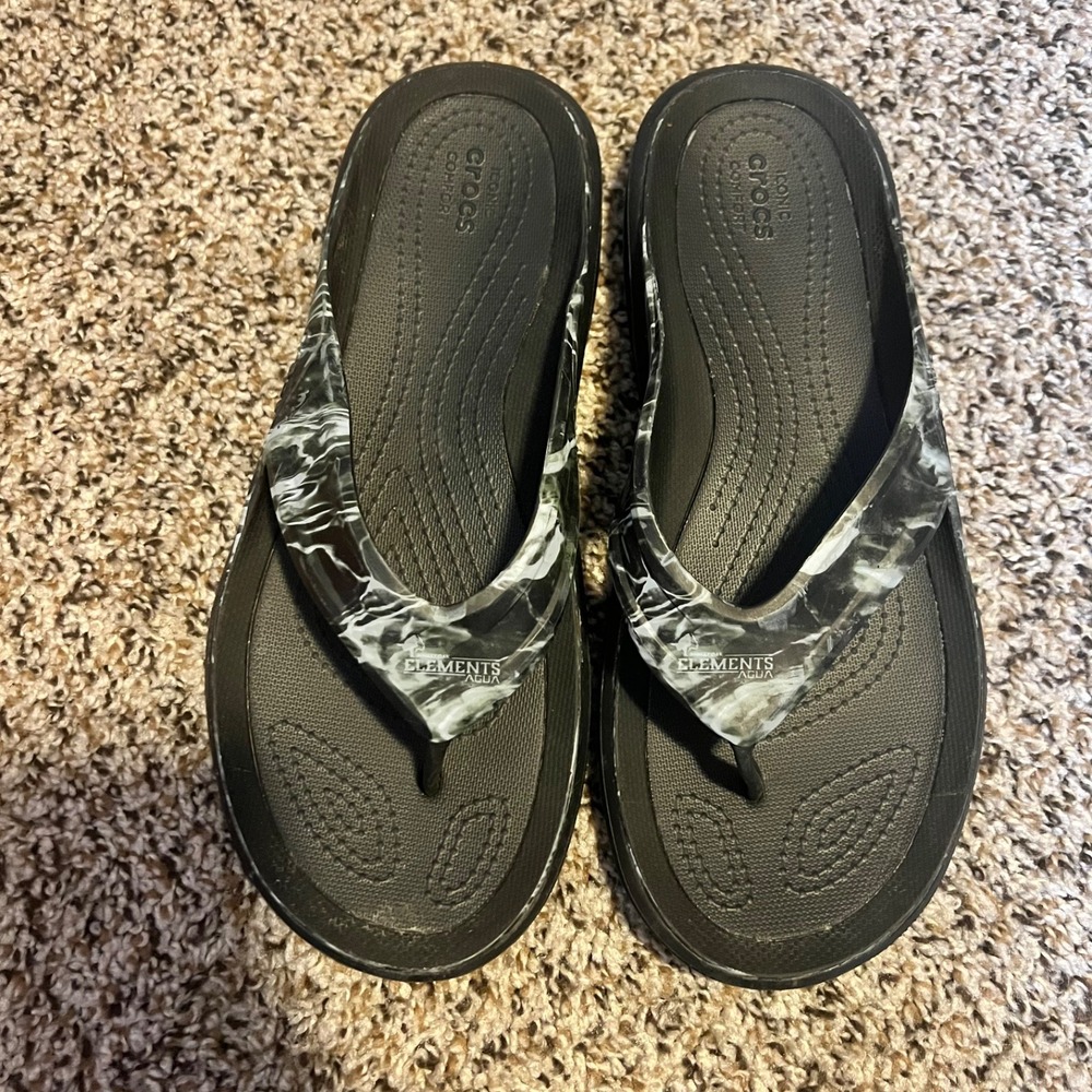 Crocs Elements Agua Flip Flops Sandals Comfort Slides Black Marble Mens 9